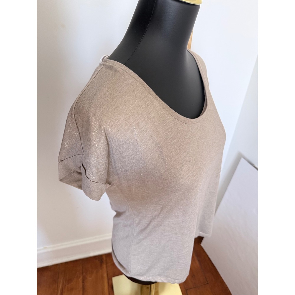 Patchington Shimmer Metallic Top Women Size Medium Taupe Gold Cuffed Sleeve D974 - Picture 3 of 6